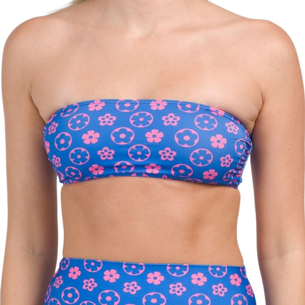 NWT BEACH RIOT Blue Pink Kelsey‎ Bandeau Bikini Top & Highway High Rise Set